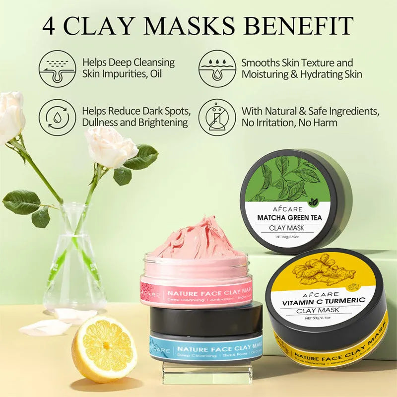 Four tube Dead Sea mud mask set with green tea, turmeric and rose clay for universal skin types