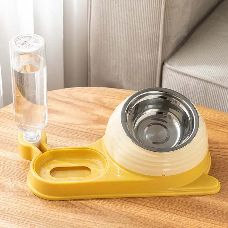 Brown automatic cat water dispenser and elevated food bowl set on a floor.
