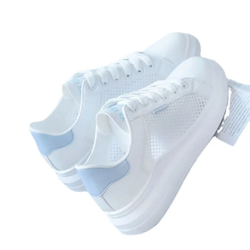 Women's casual mesh breathable sneakers, lightweight lace-up with rubber sole, available in black, light blue, pink