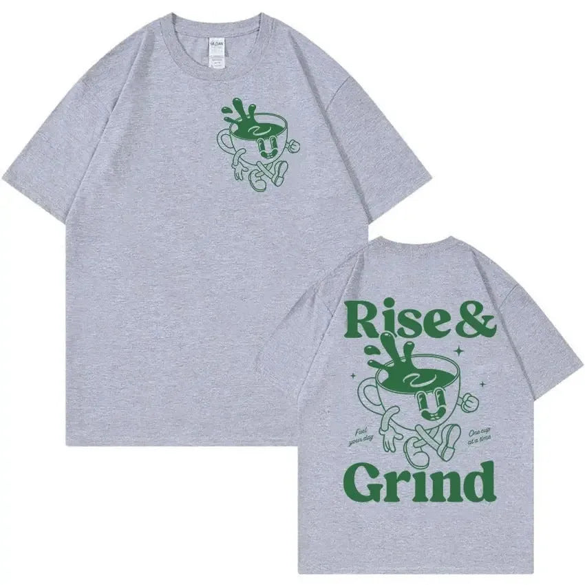 Loose fit linen t-shirt with a cartoon graphic of a green coffee bag and 'Rise And Grind' text.