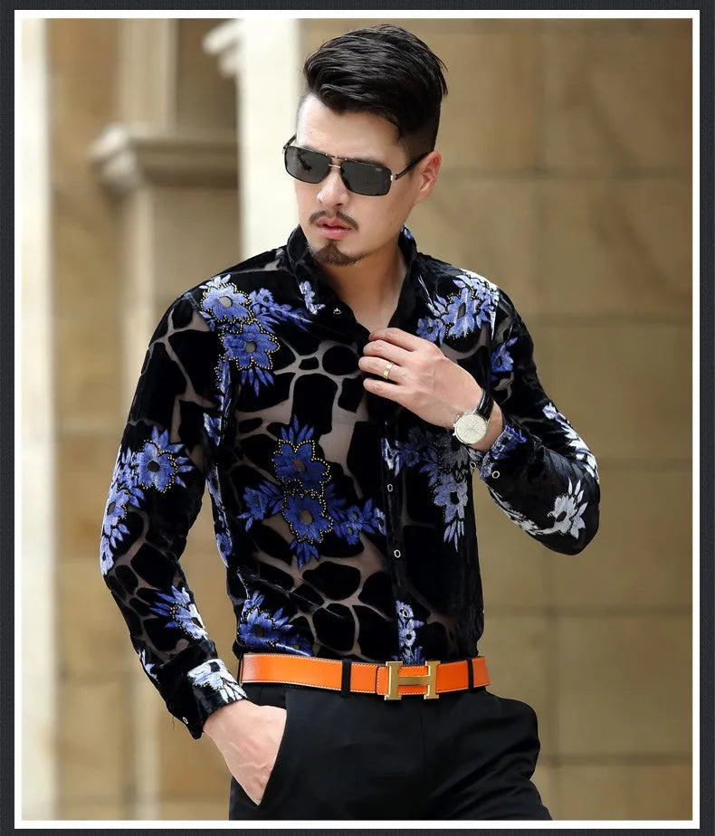 Men's slim fit long sleeve silk shirt in blue with loose floral pattern, front view