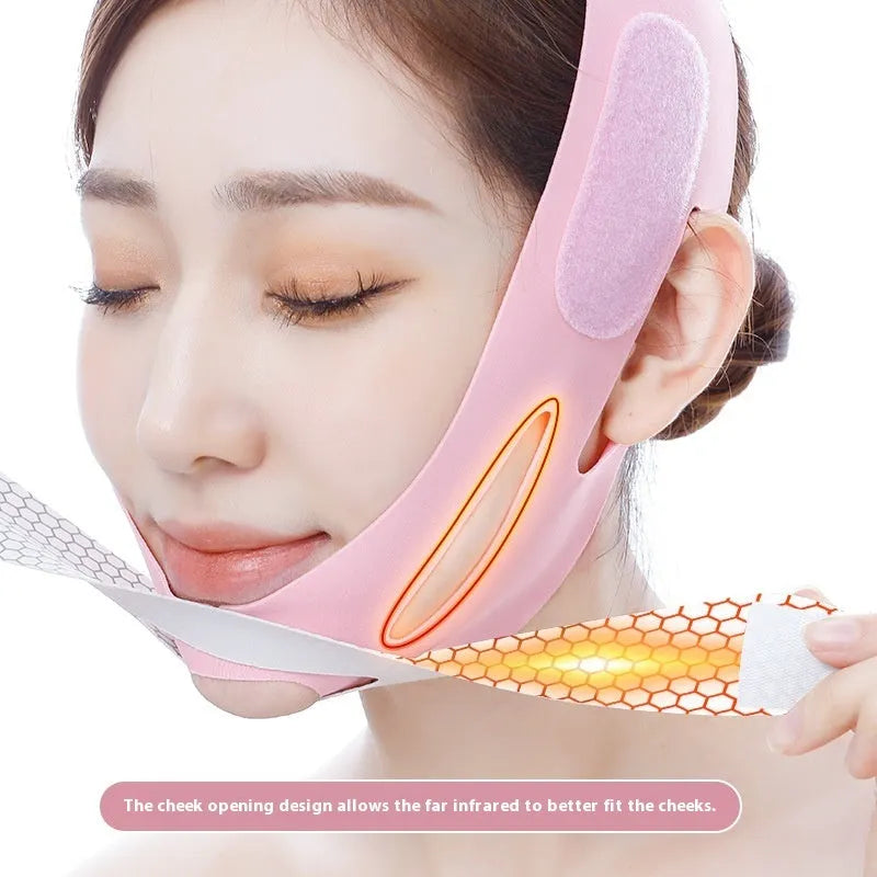 Pink and black elastic V-shaped face bandage for facial contouring