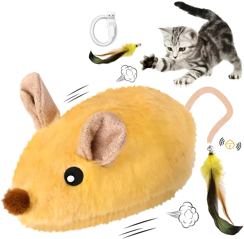 Grey and yellow interactive cat toy mouse with feather tail and LED lights on floor