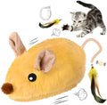 Grey and yellow interactive cat toy mouse with feather tail and LED lights on floor