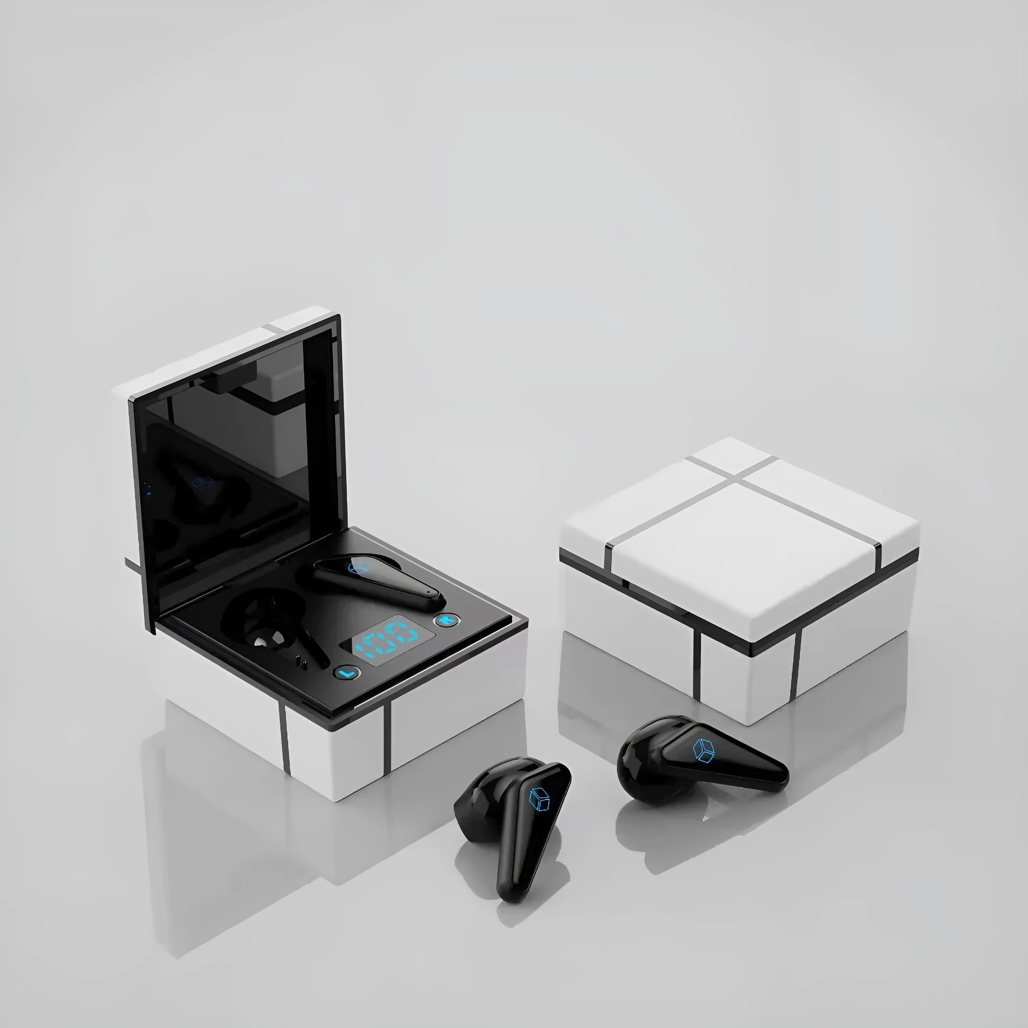 Bluetooth gaming headset with digital display shown in blue and white colour scheme