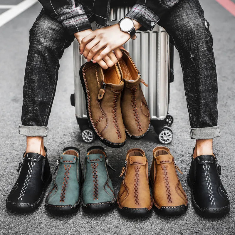 Men's hand-stitched high-top genuine leather shoes in brown, wedge heel, round toe, rubber sole with matte finish
