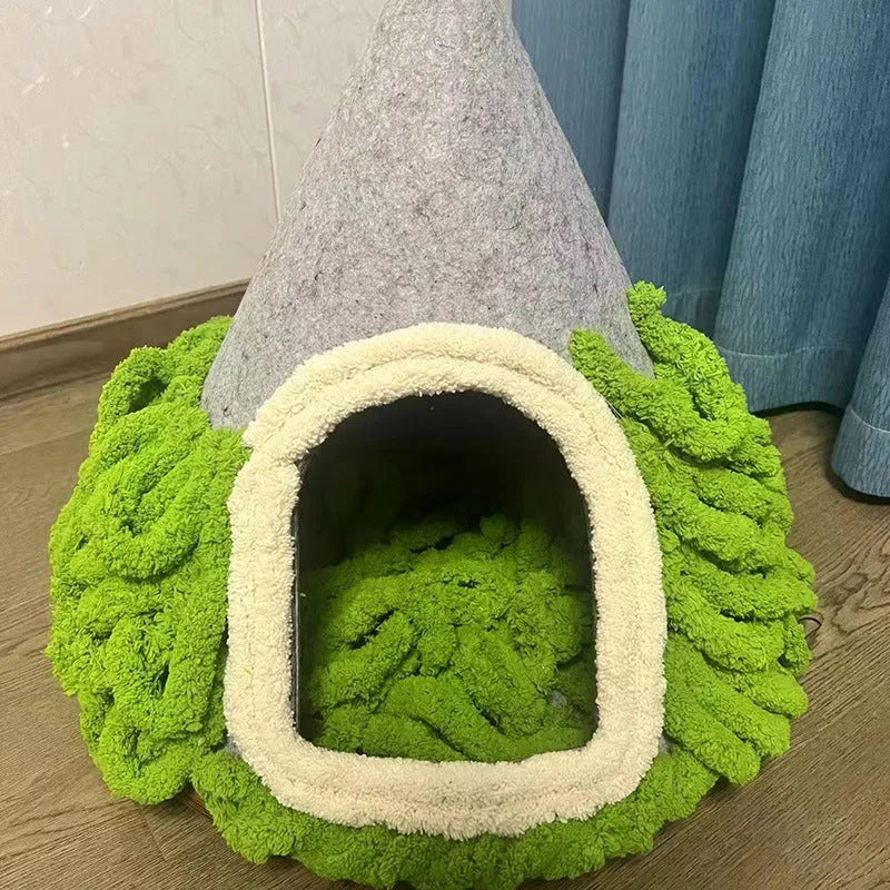 Grey cone-shaped felt cat house measuring 50cm diameter for indoor cats