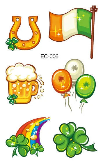 Sheet of children's temporary shamrock flag tattoo stickers for St. Patrick's Day, using water transfer printing.