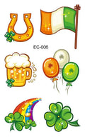 Sheet of children's temporary shamrock flag tattoo stickers for St. Patrick's Day, using water transfer printing.