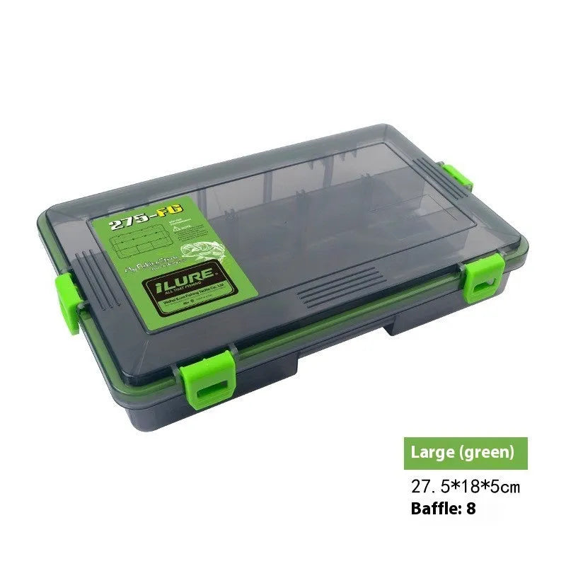 Blue waterproof PP plastic fishing lure storage box with lid open, showing compartments.