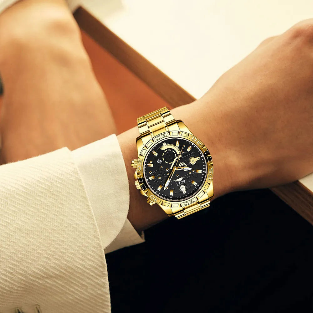 Gold men's business quartz watch with stainless steel strap and calendar on display