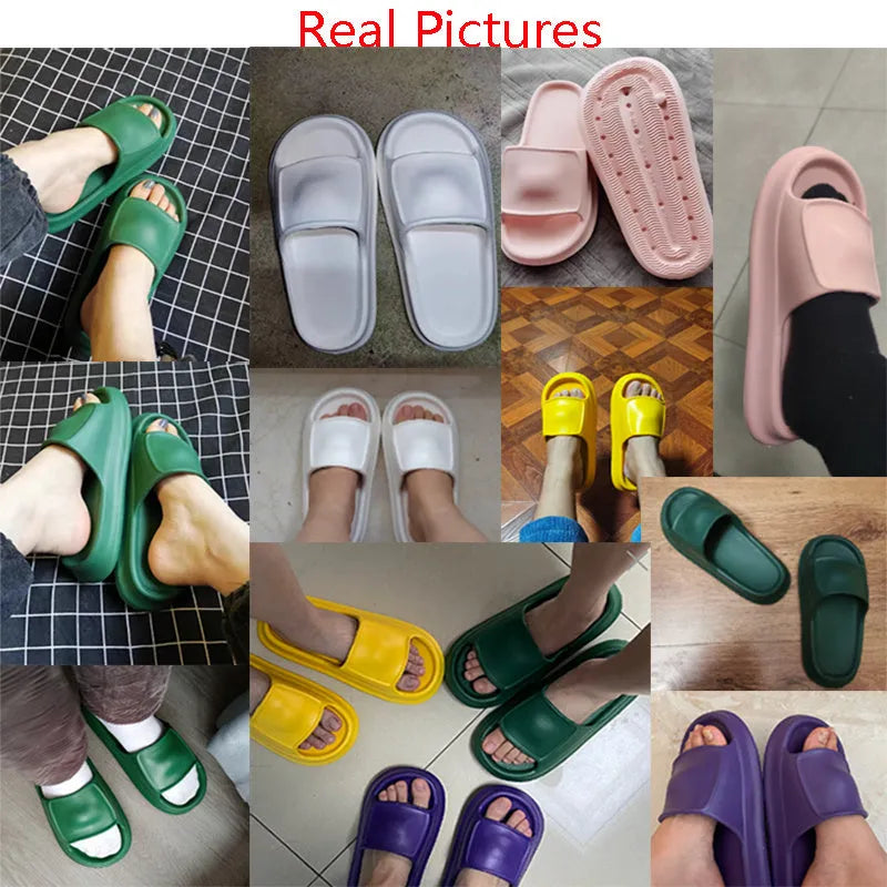 Pair of white EVA flip-flop slippers with a thick, textured sole on a tiled floor.