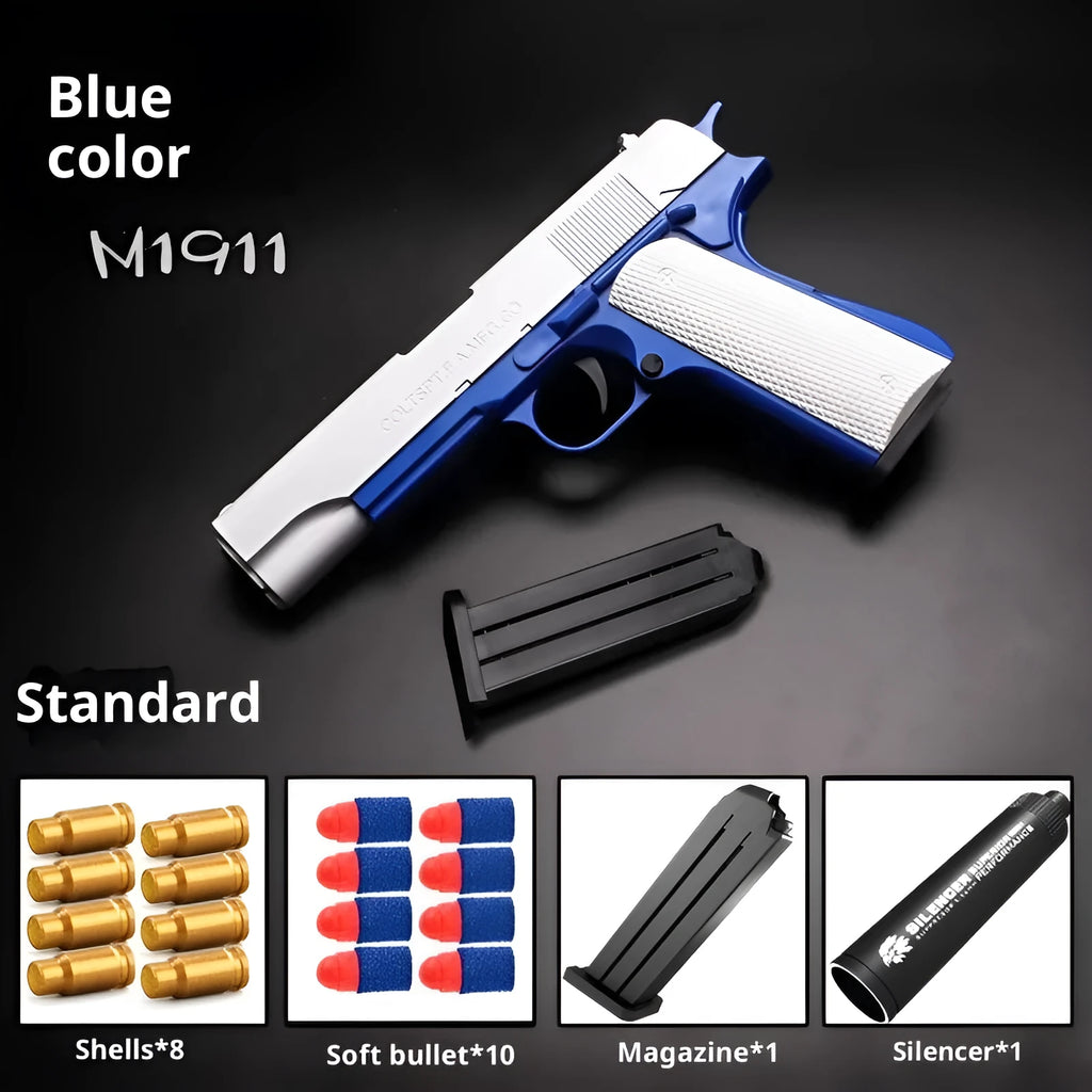 Children's plastic M1911 soft bullet gun toy in blue and white colour with throw shell feature