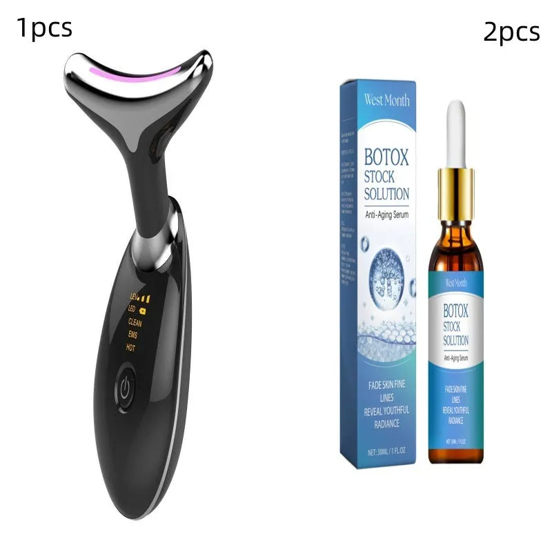 Handheld EMS thermal neck massager with LED lights for facial skincare and wrinkle reduction.