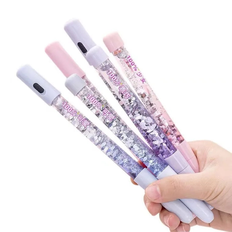 Luminous glitter quicksand neutral pen with 0.5mm fine tip in fairy wand blue colour showing flowing glitter inside clear plastic barrel