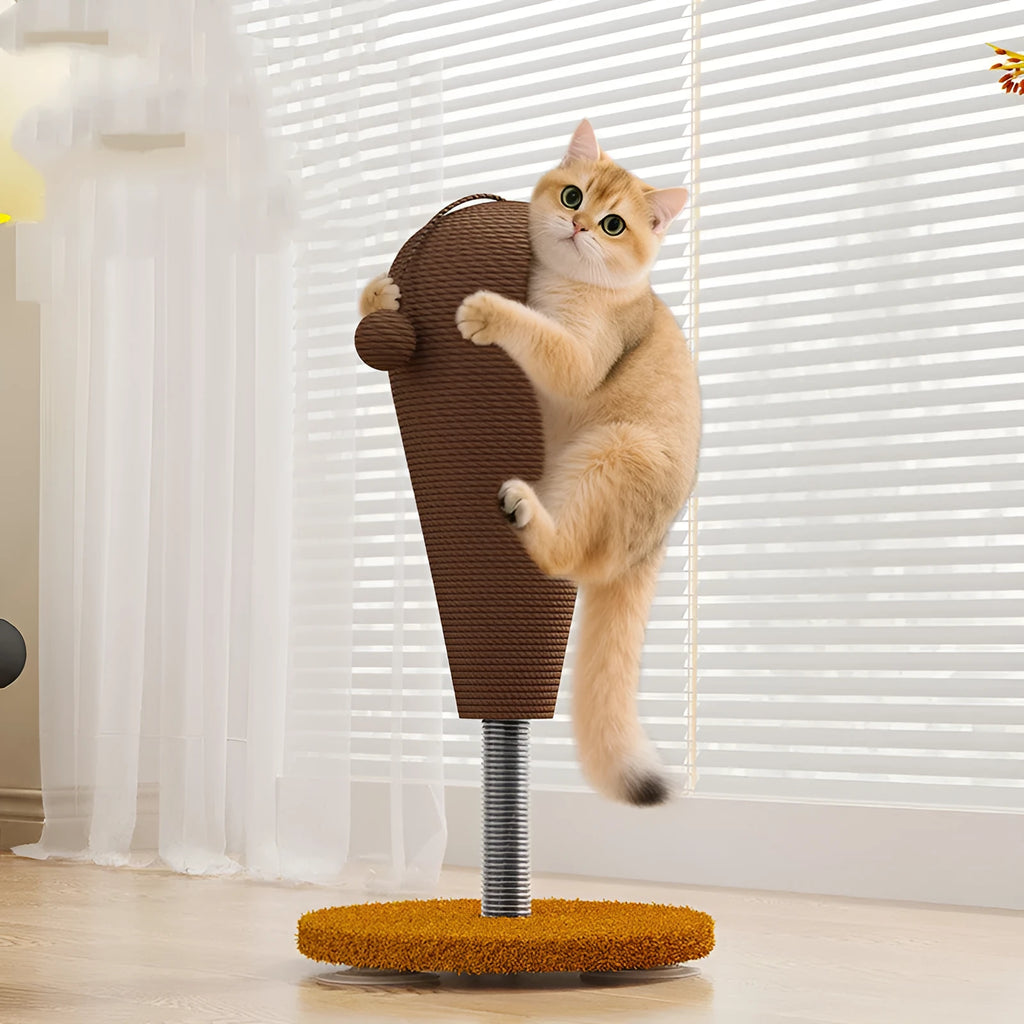 Natural hemp rope cat scratching post with a dangling felt toy ball, shown in large and small size options.