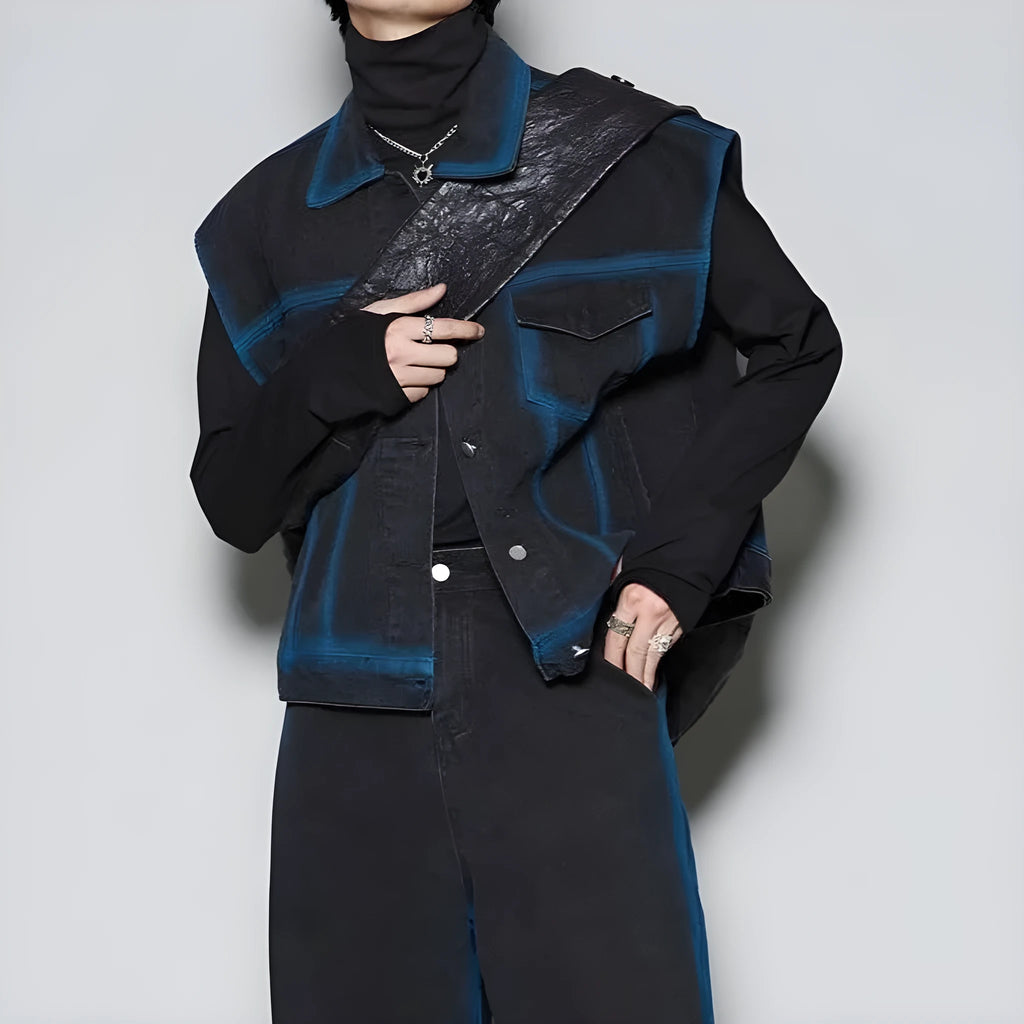 Distressed blue vest and jeans two-piece suit set with fleece lining.