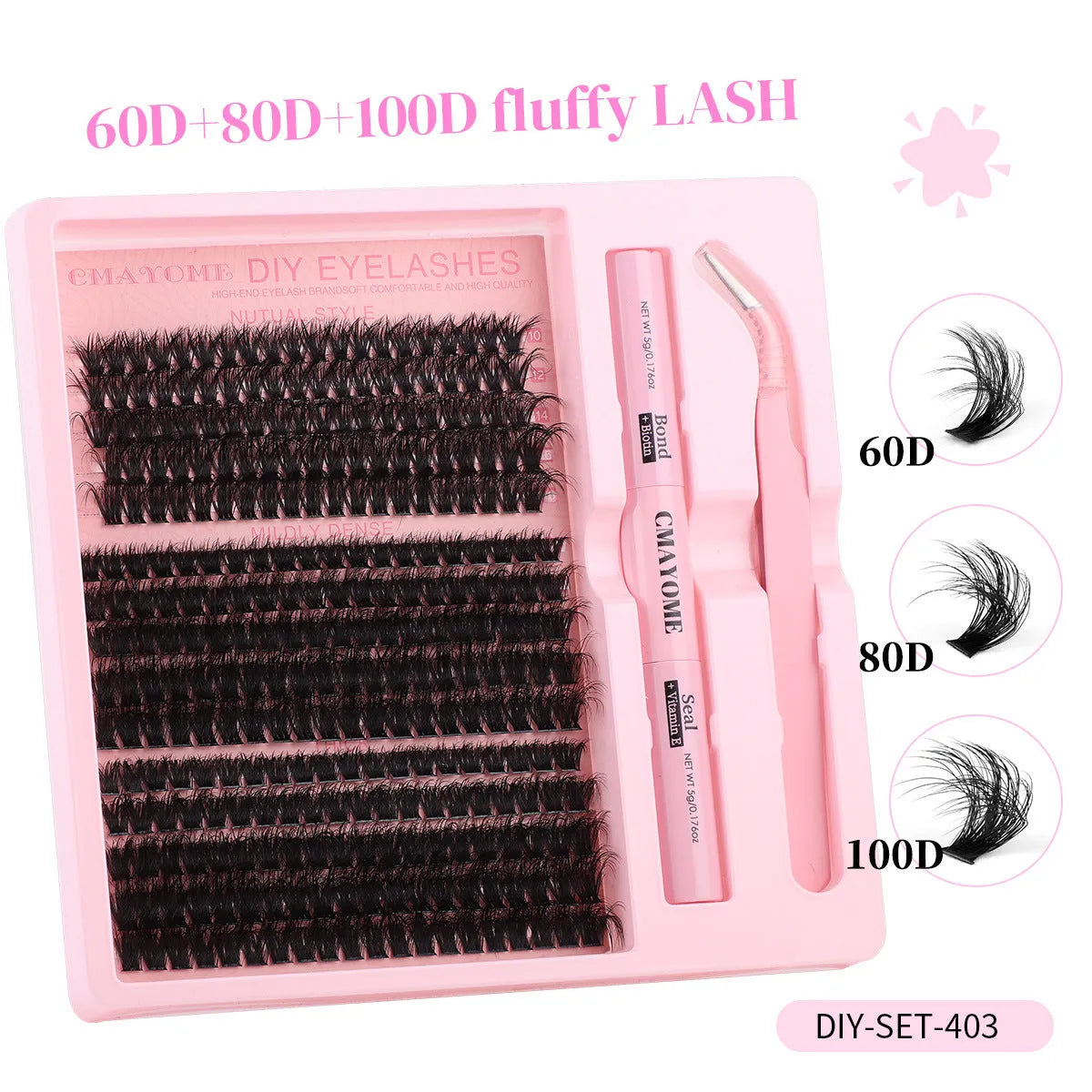 DIY false eyelashes extension kit showing single cluster lashes and eyelash tweezers on a clean surface