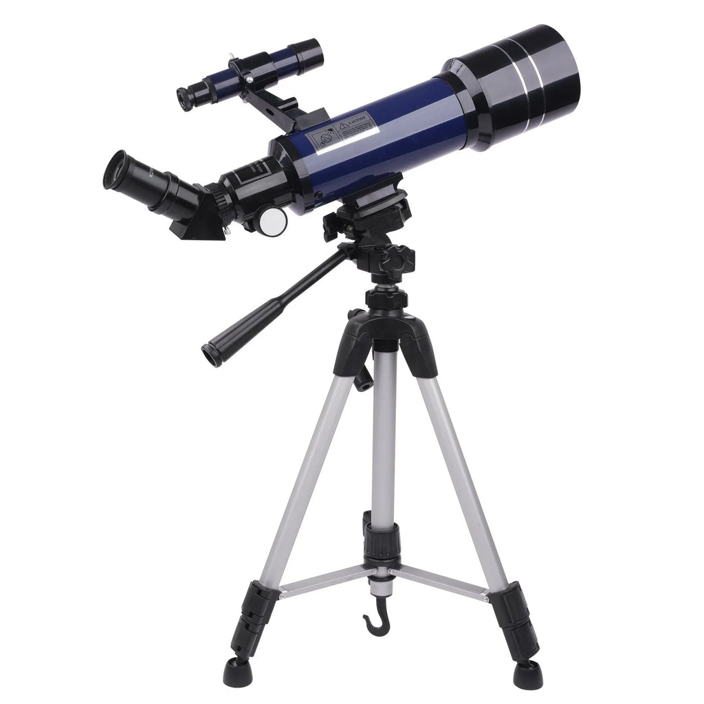 Dark blue children's monocular astronomical telescope with 16X-66X magnification on a tripod.