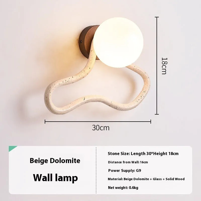 Middle Ancient style cream bedroom wall lamp with white travertine glass lampshade and solid wood base