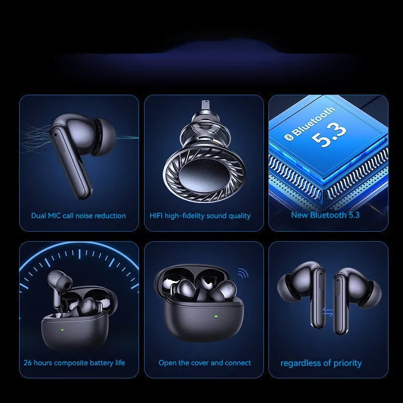 Wireless Bluetooth noise reduction in-ear headphones with digital display charging case, black and white colour options
