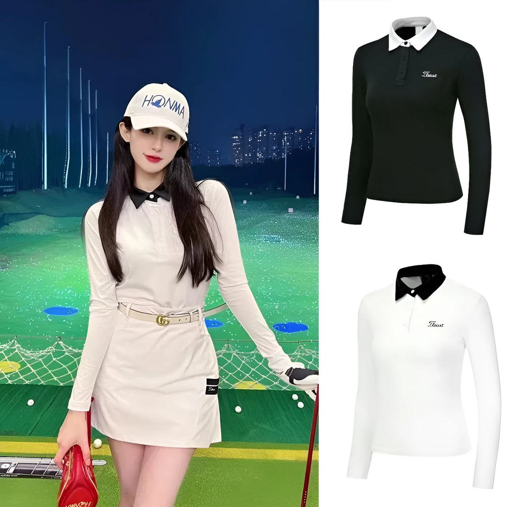 White women's long sleeve slim-fit polyester golf top for outdoor sports.