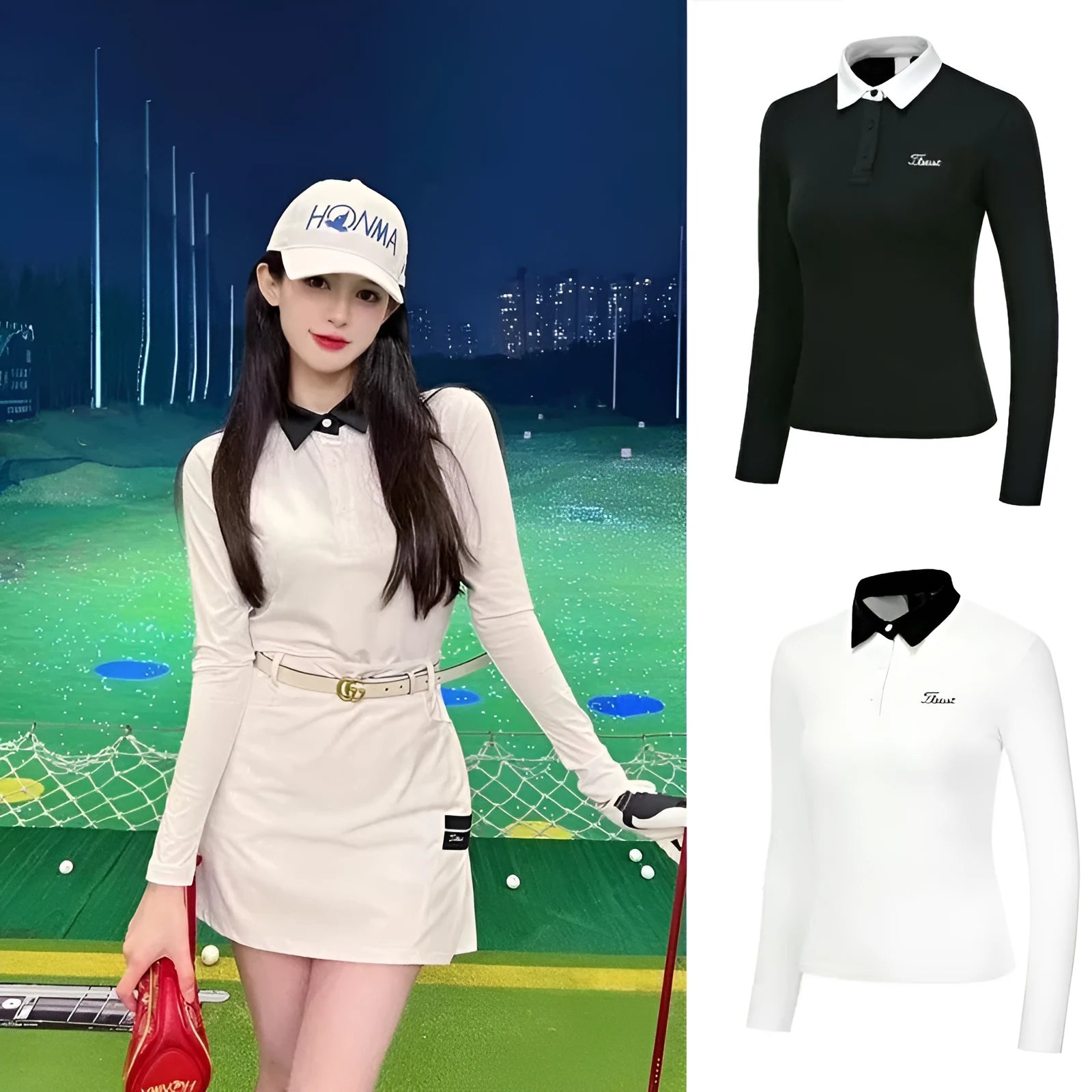 White women's long sleeve slim-fit polyester golf top for outdoor sports.
