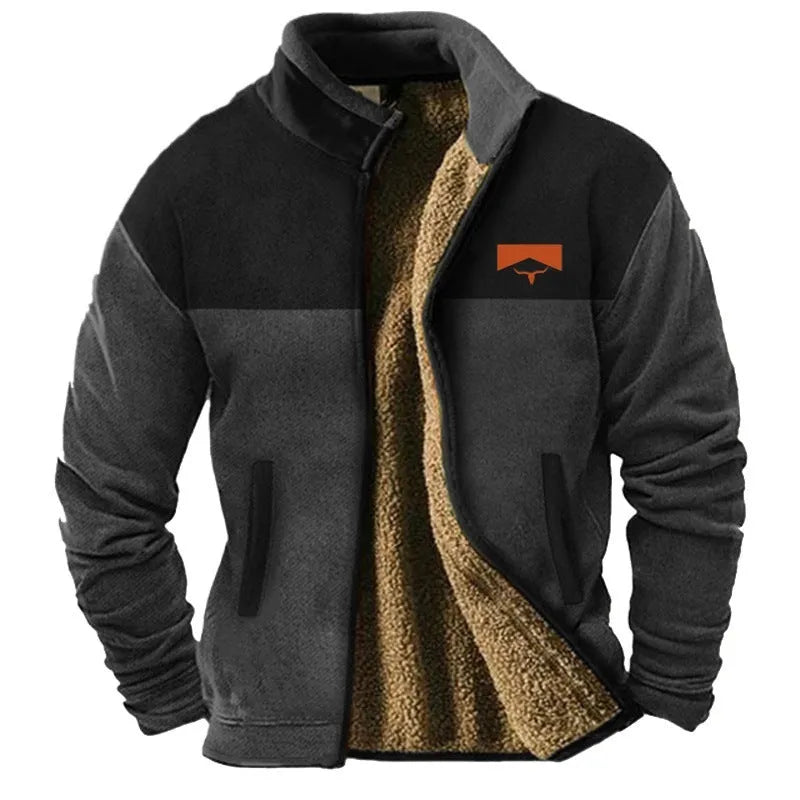 Men's light brown fleece padded coat with a regular fit, shown on a model.