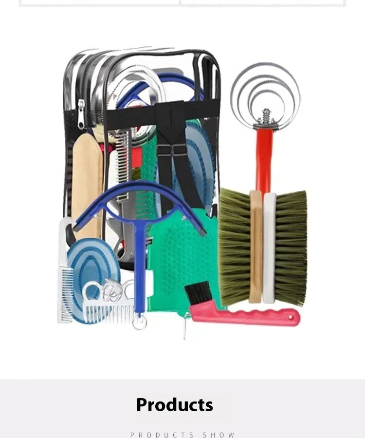 Horse grooming tool set with brushes, combs, and storage bag for equestrian care