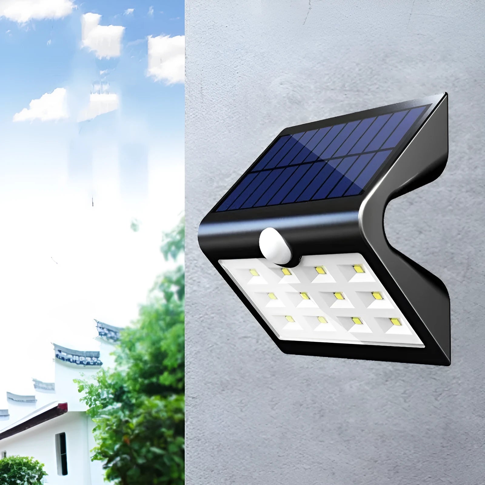 Solar yard light for outdoor garden and wall lighting with compact dimensions
