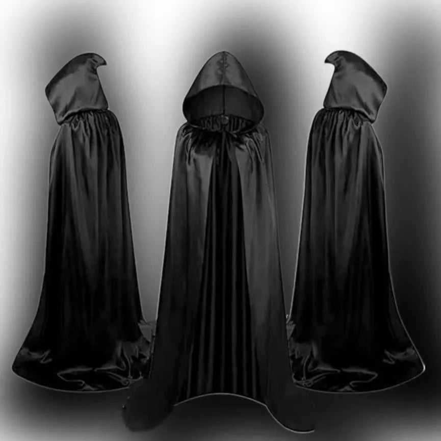 Black satin hooded cloak for children's Halloween wizard or vampire costumes
