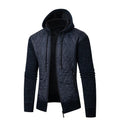 Men's grey hooded corduroy sweater coat with a cinched waist on a hanger.