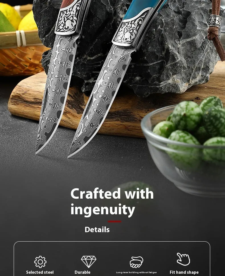 VG10 folding portable mini outdoor knife showing stainless steel blade and handmade national style construction