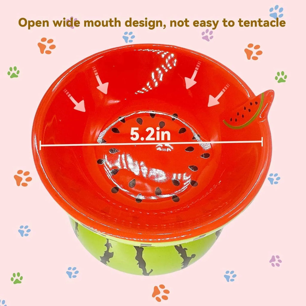 Ceramic raised cat feeding bowl with tilted design in orange colour pattern