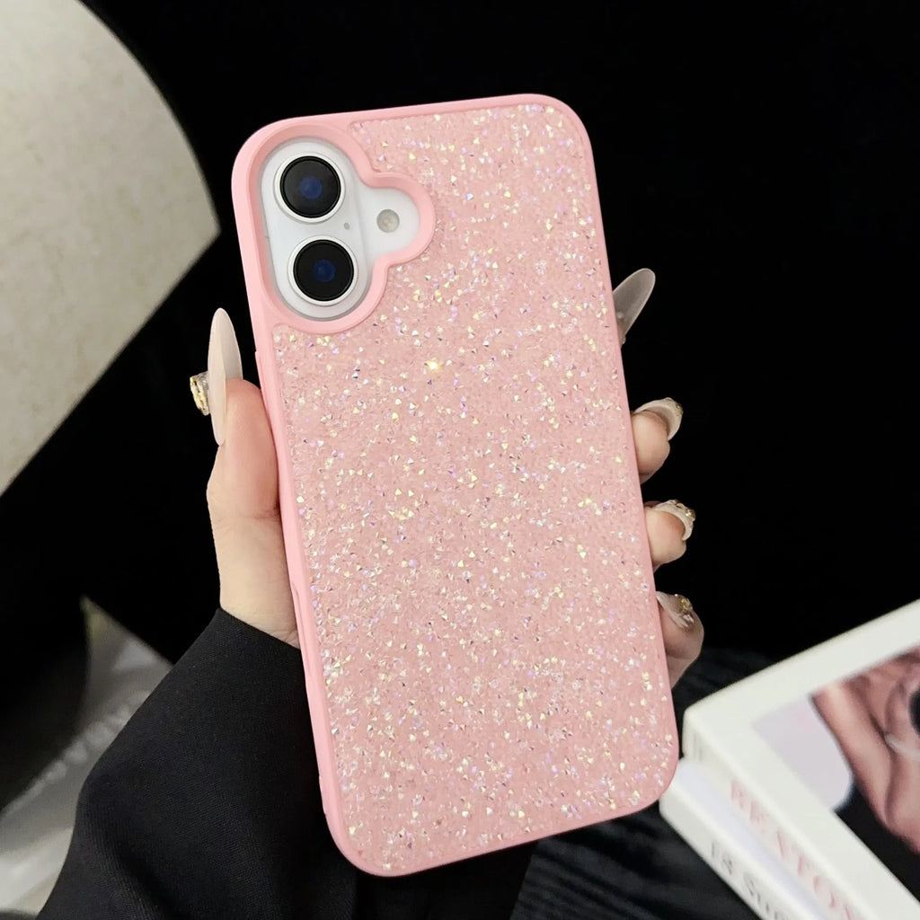 Full diamond handmade phone case for iPhone 17 series in black, pink, light purple, gold, grey, or white