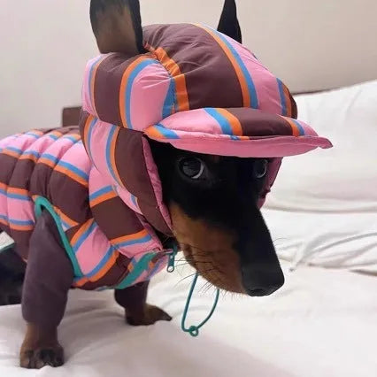 Dirty pink striped pet vest with matching hat for autumn and winter wear