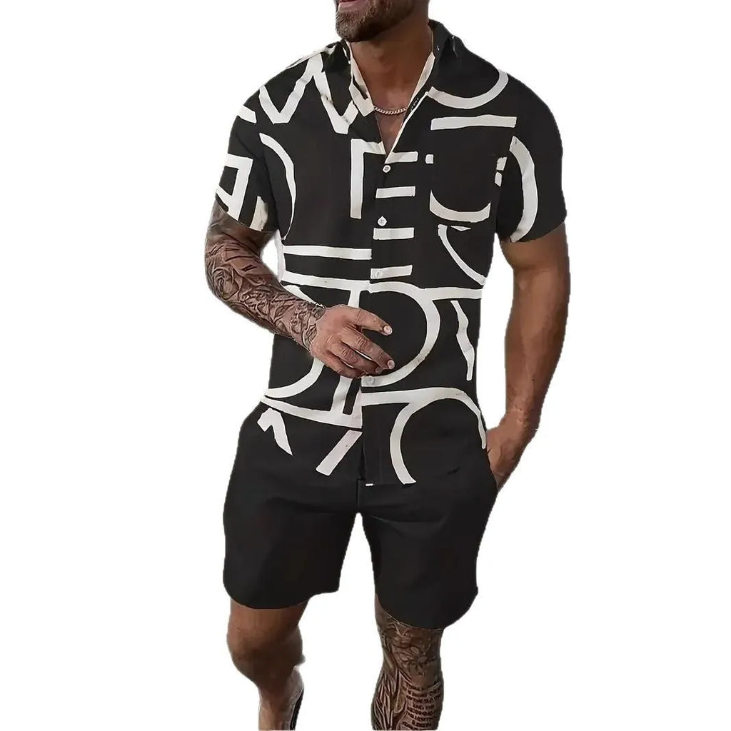 Man wearing a 3D printed Hawaiian short sleeve shirt with matching casual shorts.
