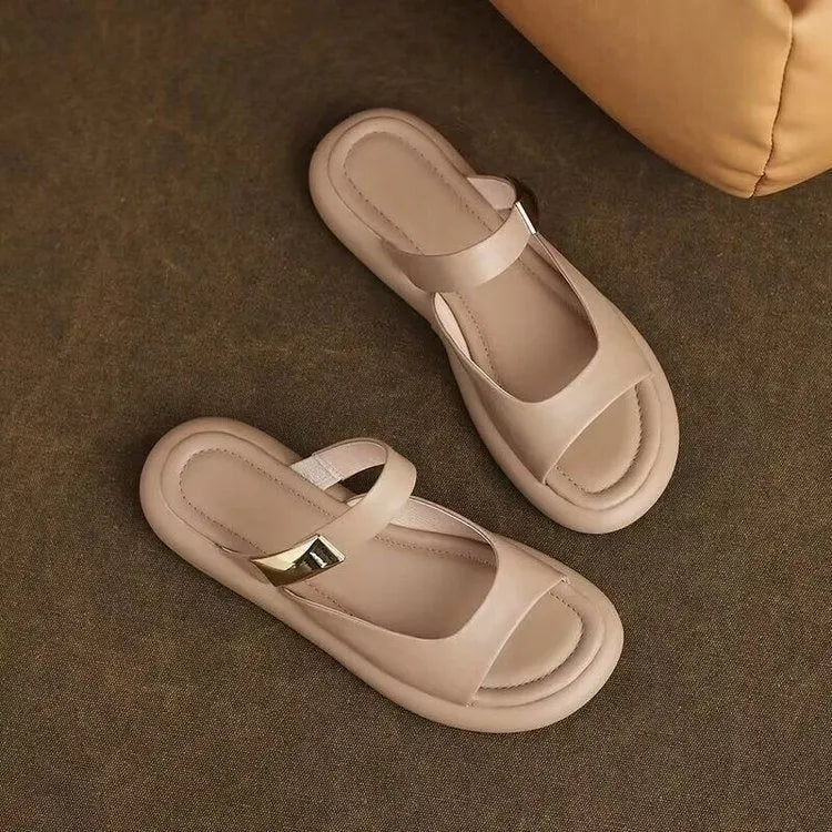 Women's apricot peep toe flat sandals with French soft leather strap and rubber platform sole