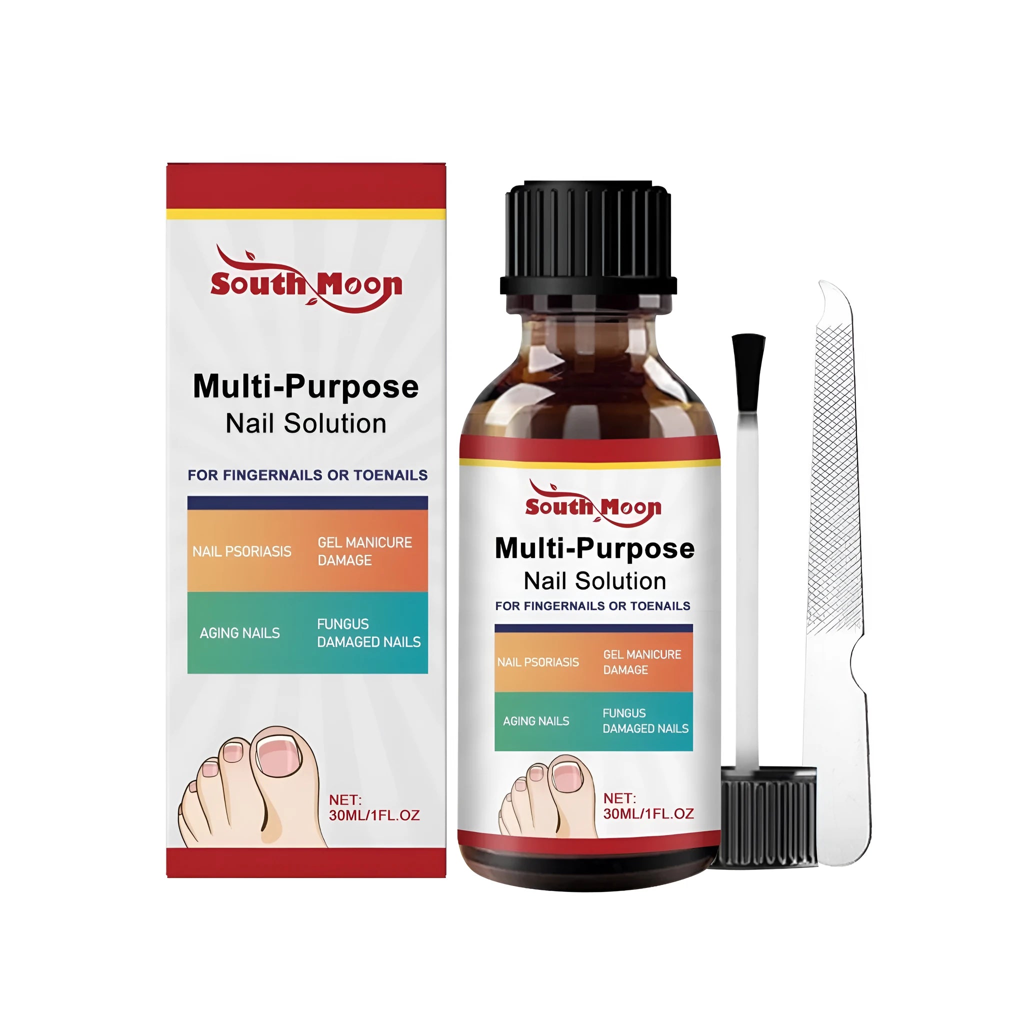 30ml bottle of nail care solution and a nail file on a white background.