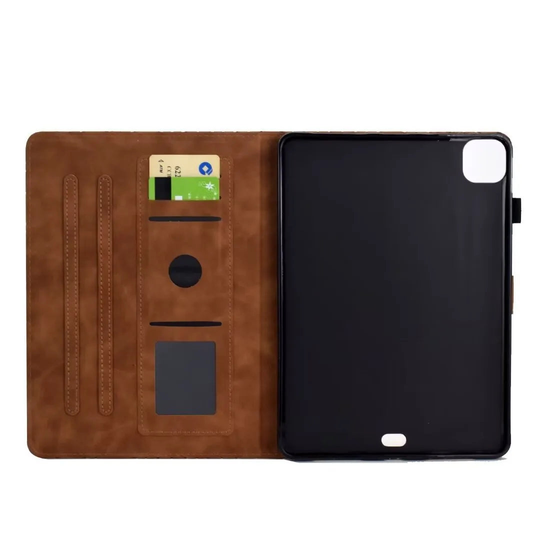iPad Pro 11 leather case in Diamond Black showing integrated card holder and folded-out viewing bracket.