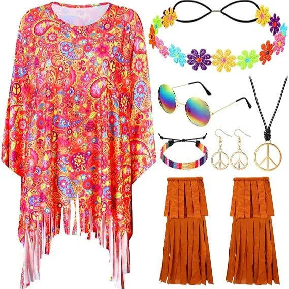 Adult wearing a vibrant tie-dye cloak with bell sleeves, showcasing the spandex fabric and sleeveless design.