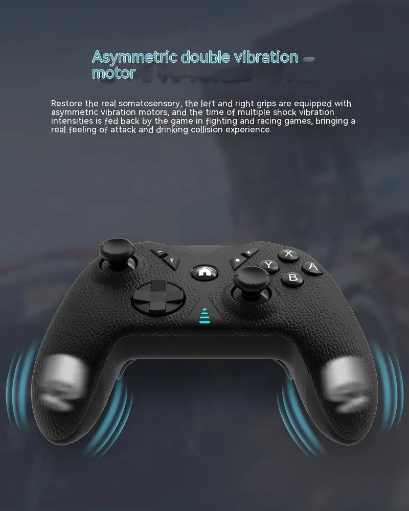 Black wireless game controller with leather-pattern texture on grips, shown next to a Type-C charging cable.