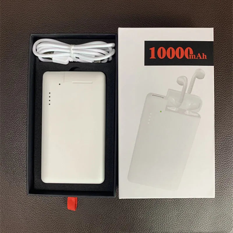 Two-in-one 10000mAh power bank with Bluetooth speaker in black, front view showing USB ports and LED indicators