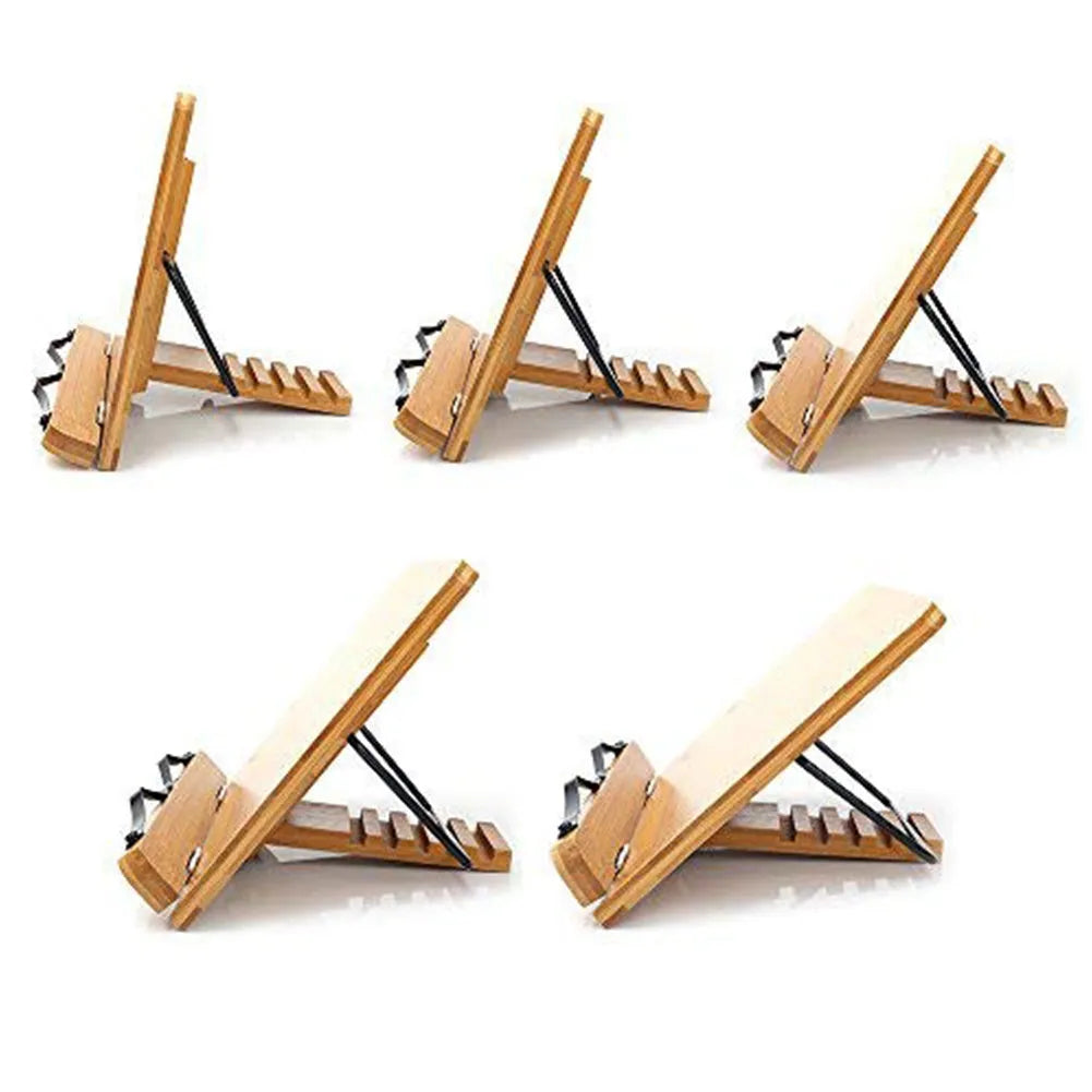 Solid wood bamboo hollow reading frame in glossy white or natural finish, sizes S M L, holding a copybook on a desk.