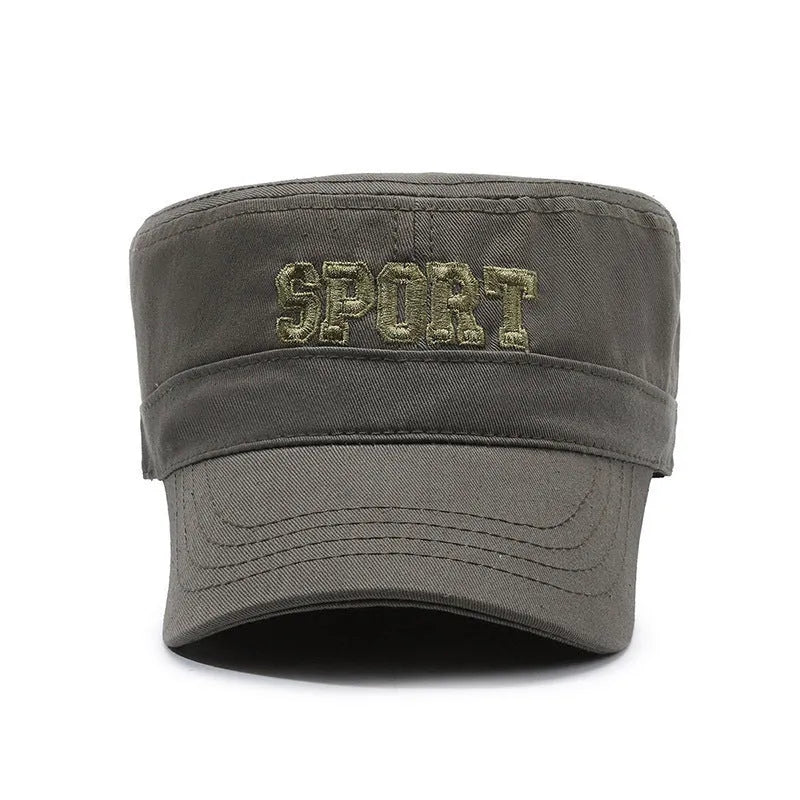 Men's flat-top peaked cotton cap in army green with an adjustable strap and English letter detail on the front.