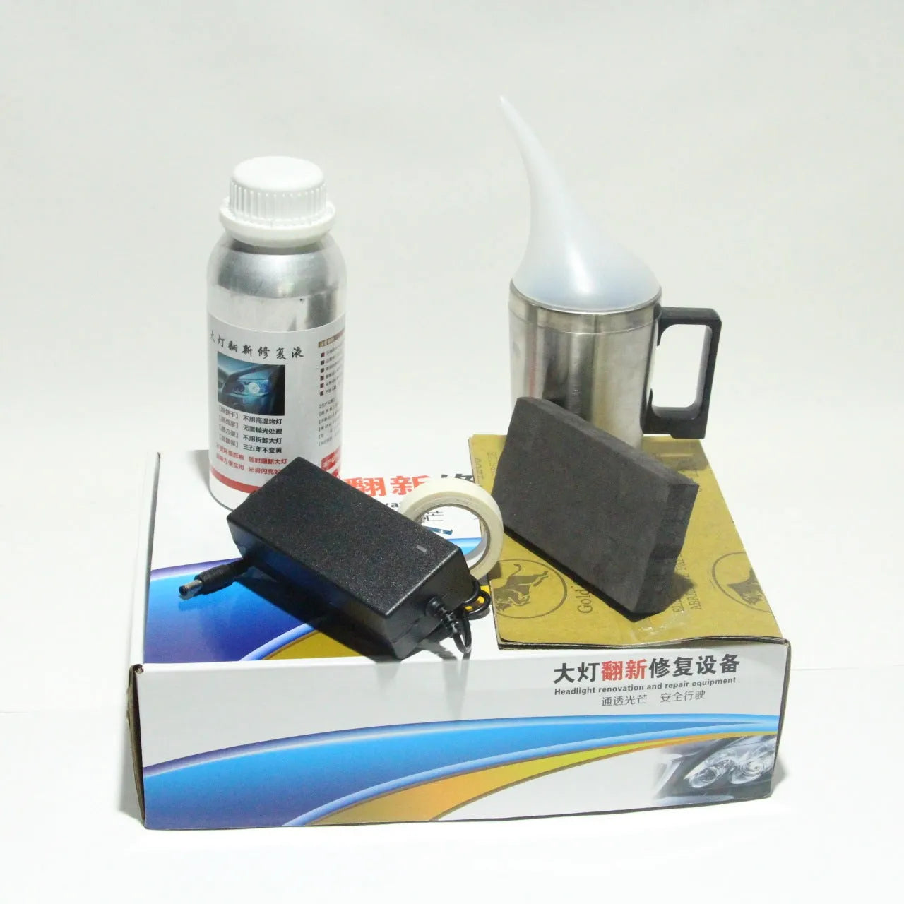 Headlight restoration kit with aluminium alloy tool and black tip, 600ml capacity