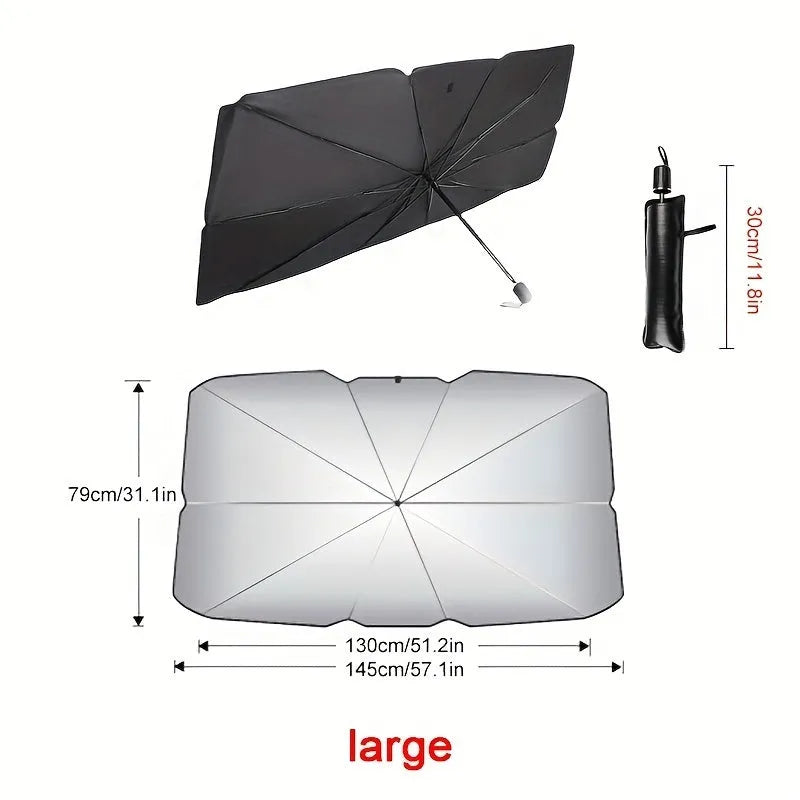 Foldable car windshield sunshade umbrella showing automatic rebound button and composite peptide material
