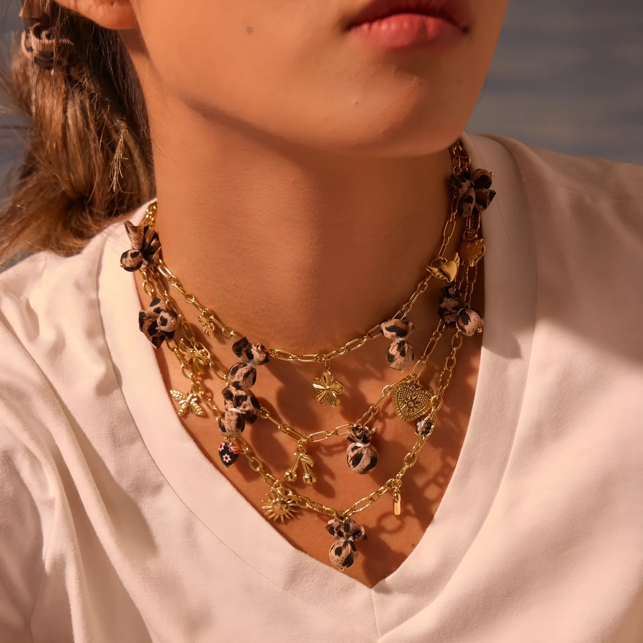 Women's stainless steel leopard pendant necklace with love heart flowers design on adjustable 41-50cm chain