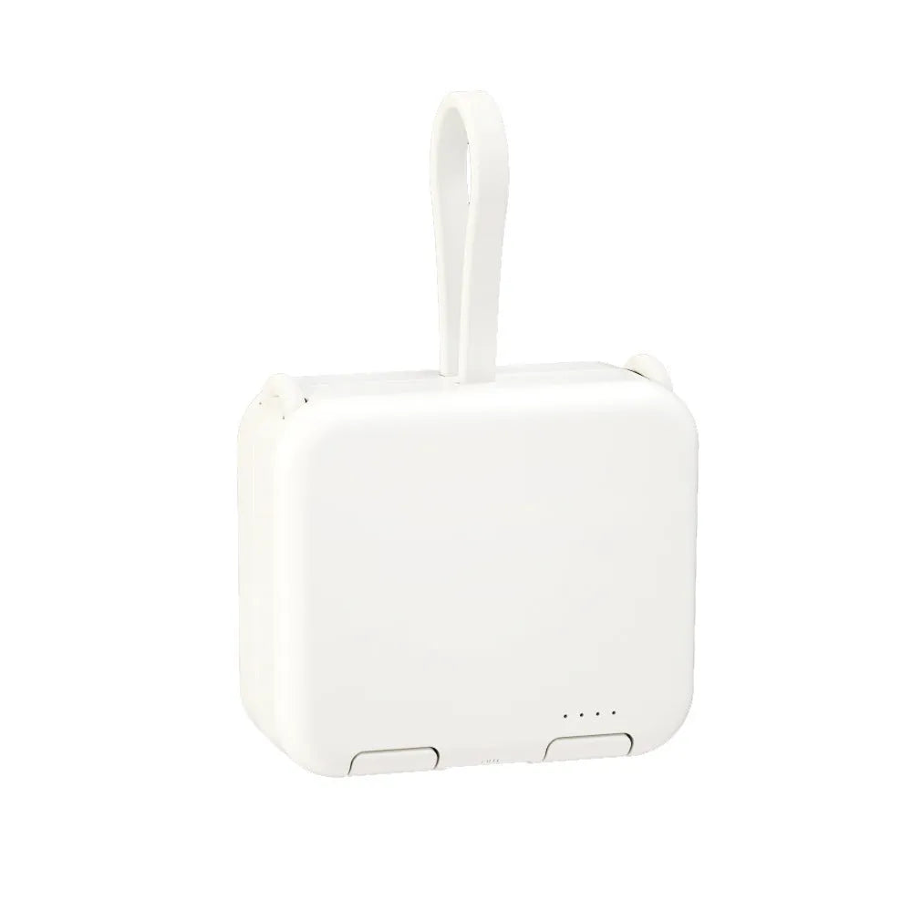 Handbag clip-on power bank in blue showing USB-A, Type-C and Lightning ports and built-in phone stand