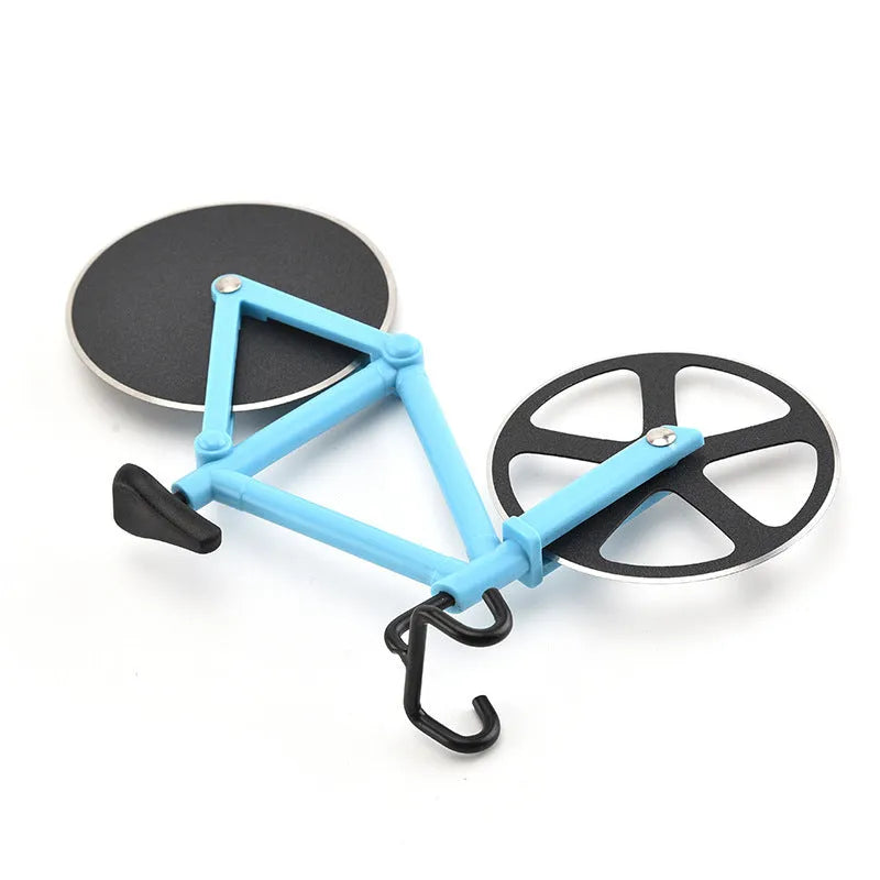 Bicycle shaped pizza cutter with stainless steel blade and ABS handle on white background